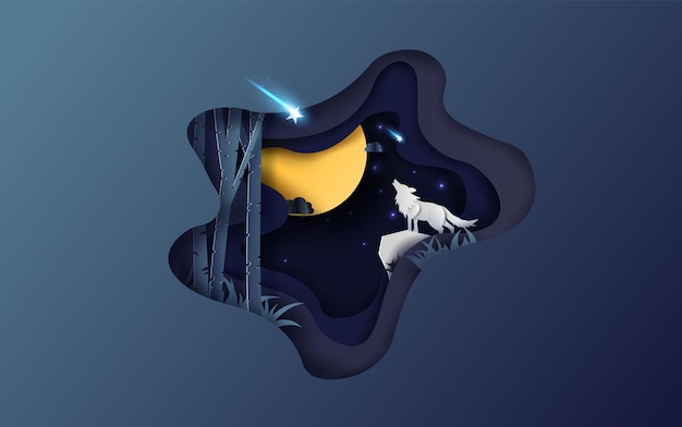 Vettore design creativo arte su carta della luna piena in autunno con il lupo che ulula di notte