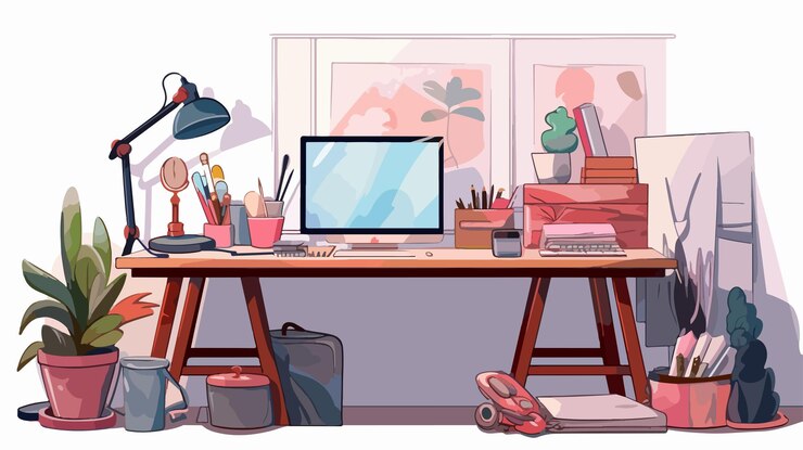 Vector creative designer workspace cartoon vector illustration