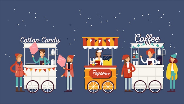 クリエイティブな詳細なストリートコーヒーカート、ポップコーン、綿菓子店。若い人たちは、クリスマスフードイベントで屋台の食べ物やジャンクフードを購入します。
