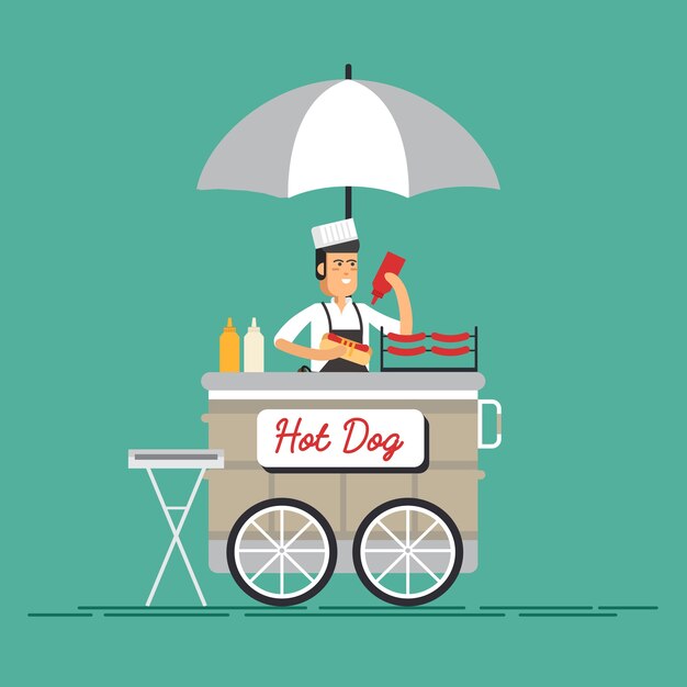 Creative detailed   street grilled cart or hot dog street cart with seller.