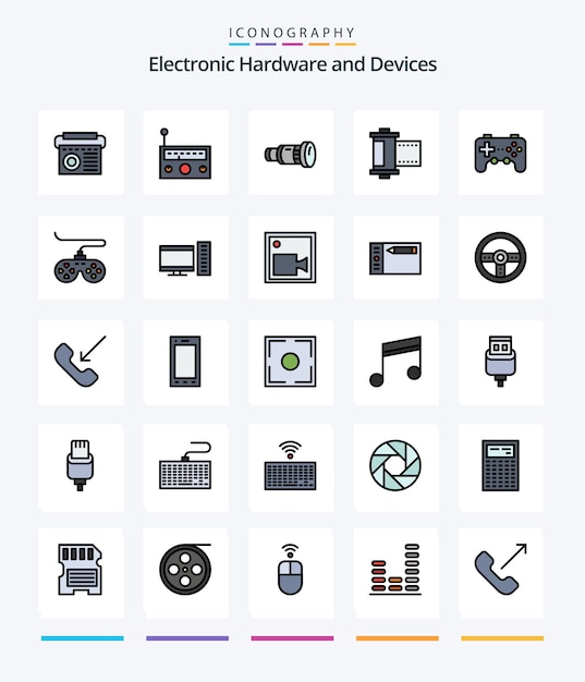 Vector creative devices 25 line filled icon pack such as computer game media device roll