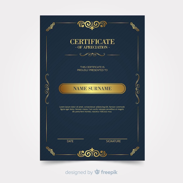 Creative diploma template with golden elements