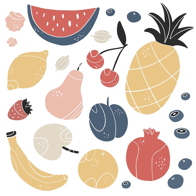 Vector creative doodle fruits set natural tropical fruit