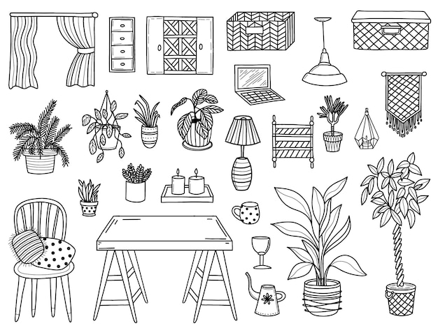 Creative doodle images of chair and table with various plants in pots and different home decorations