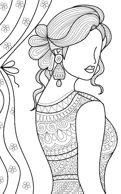 Creative drawn woman illustration coloring book page with henna style