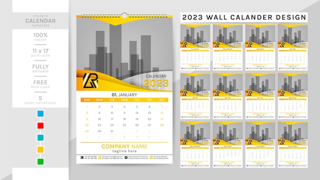 Creative elegant wall calendar template for the 2023 year. The week starts on Sunday.