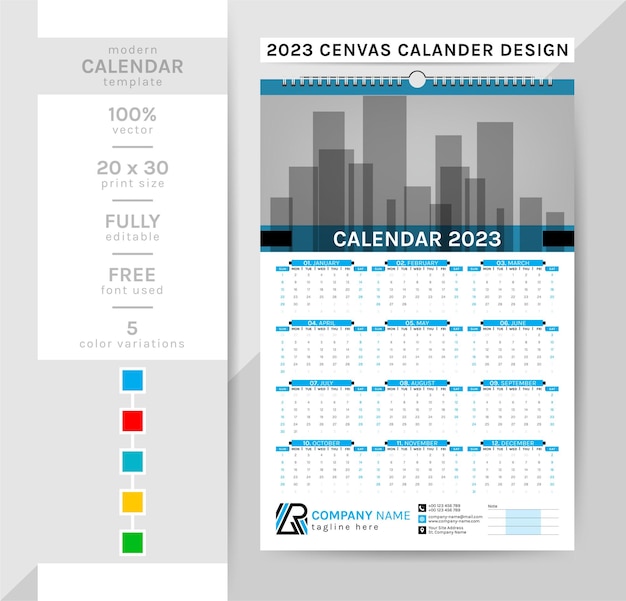 벡터 2023년을 위한 창의적이고 우아한 벽 달력 템플릿입니다. 한 주가 일요일에 시작됩니다.