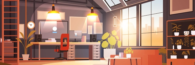 Creativo vuoto nessun appartamento moderno loft interno di home office open space con mobili per lavoro aziendale o freelance