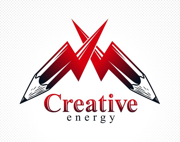 Концепция творческой энергии, показанная двумя карандашами в форме скрещенных молний, векторным логотипом или значком, силой идеи, дизайна и искусства, научных изобретений или исследований.