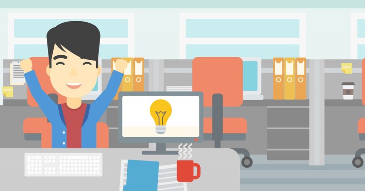 Vector 사업 아이디어를 가지고 창조적 인 흥분된 남자입니다.