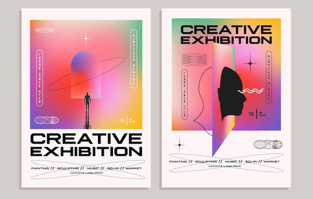 Vector creative exhibition flyer or poster concepts with abstract geometric shapes and human silhouettes