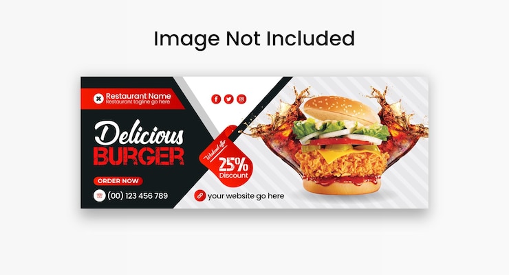 Вектор креативная и броская обложка facebook для социальных сетей delicious food и дизайн шаблона веб-баннера