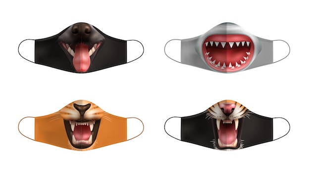 Creative face protection masks with open animal mouth print realistic set isolated illustration