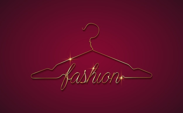 Creative fashion logo design. Gold vector sign with lettering and hanger symbol. Metallic Logotype