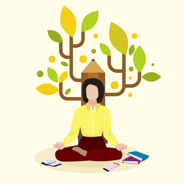 Creative female writer, author sitting on pencil background and book, volume,   illustration. meditation novelist woman character.