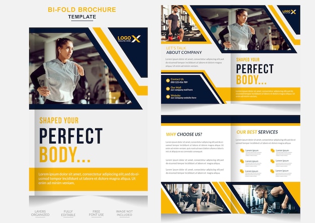 Vector creative fitness bifold brochure design template multiple color