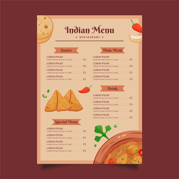 Vettore modello di menu piatto indiano creativo