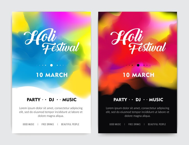 Vector creative flyer, banner or pamphlet design for indian festival of colours, happy holi celebration. set. light and dark.