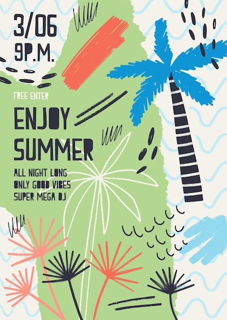 Vector creative flyer or poster template decorated with exotic plants, tropical palm trees, paint stains and blots for summer open air dance party. modern vector illustration for seasonal event promotion