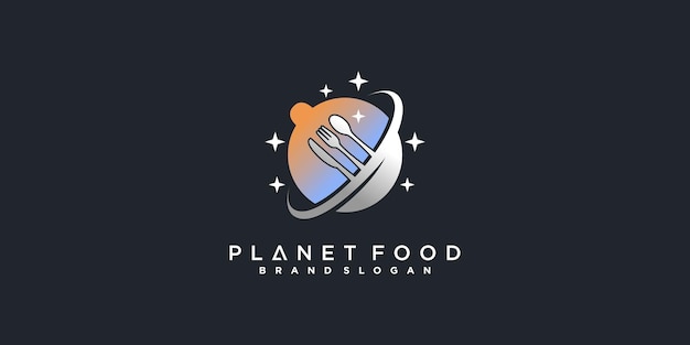 Креативный дизайн логотипа food planet с символом еды в сочетании с планетой и звездой для ресторана Premium векторы