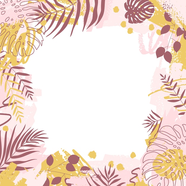 Vector creative frame with abstract design. spots of paint and tropical monstera leaves and dypsis in pink and yellow colors.