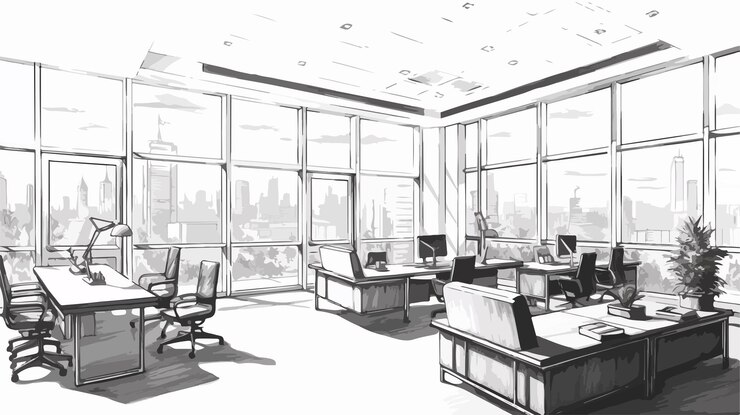 Vector creative freehand drawing of open space or coworking area with large window