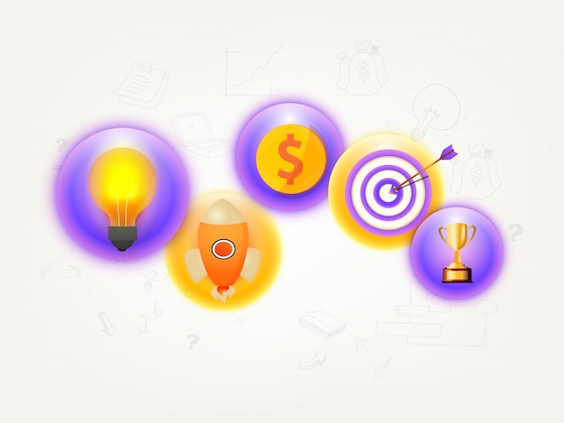  Creative glossy infographic elements as Light Bulb, Launching Rocket, Dollar Symbol, Target and Golden Trophy for Business concept. 