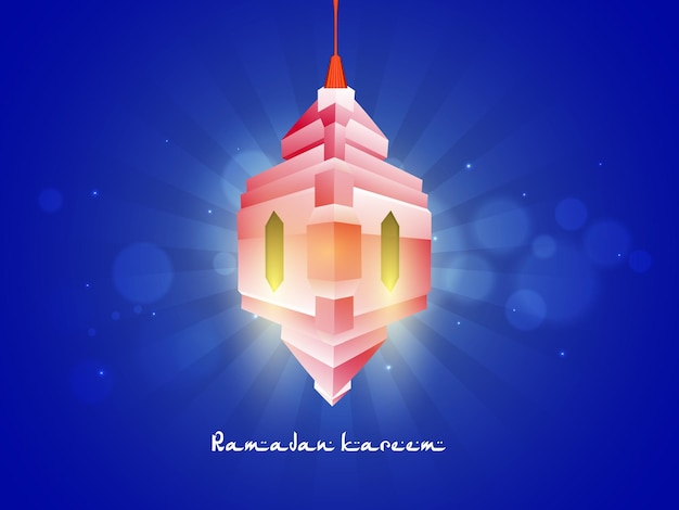Vector creative glossy traditional lantern hanging on blue shiny rays background for islamic holy month of prayers ramadan kareem celebration