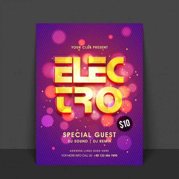 Creative golden text electro on shiny abstract circles background. glowing flyer, template or banner design for music party celebration.