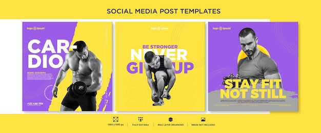 creative gym marketing square flyer social media post template set