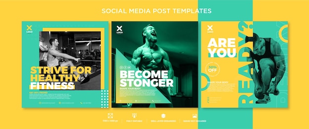 Vector creative gym marketing square flyer social media post template set