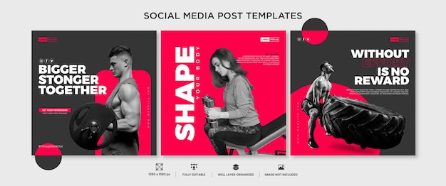creative gym marketing square flyer social media post template set