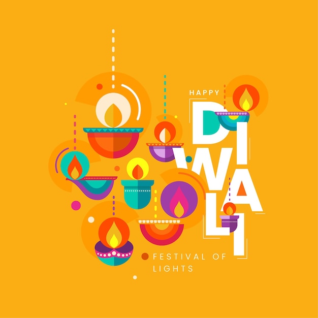 Creative happy diwali festival background design with colorful lamps illustration