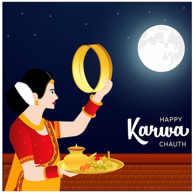 크리 에이 티브 행복 karwa chauth 인도 축제 축 하 벡터 일러스트 레이 션