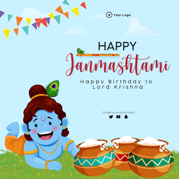 Creative happy krishna janmashtami banner design template