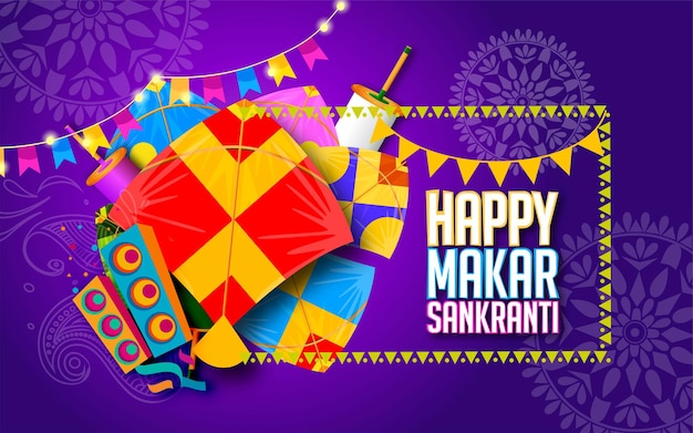 Vector creative happy makar sankranti festival achtergrond versierd met vliegers, string voor festival india