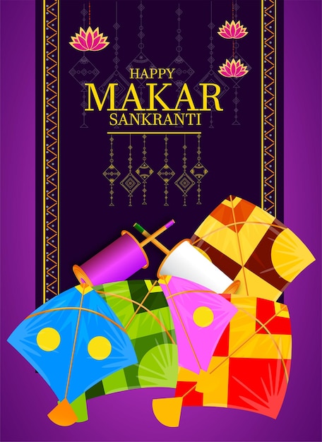 Vector creative happy makar sankranti festival achtergrond versierd met vliegers, string voor festival india