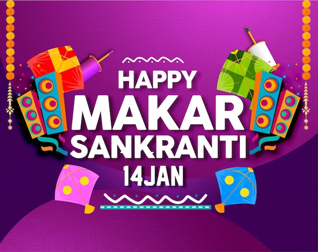 Vector creative happy makar sankranti festival achtergrond versierd met vliegers, string voor festival india