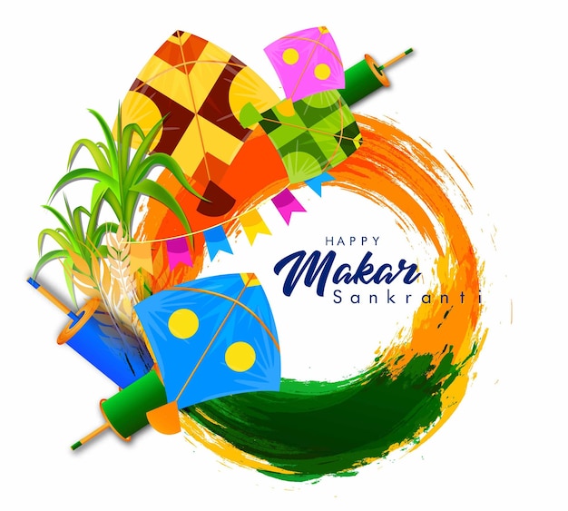 Creative happy makar sankranti festival background decorated with kites string for festival of ind