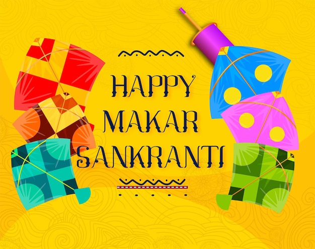 Vector creative happy makar sankranti festival background decorated with kites, string for festival india