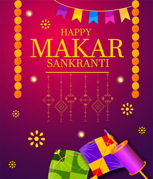 Вектор Творческий фон фестиваля happy makar sankranti, украшенный воздушными змеями, струна для фестиваля в индии