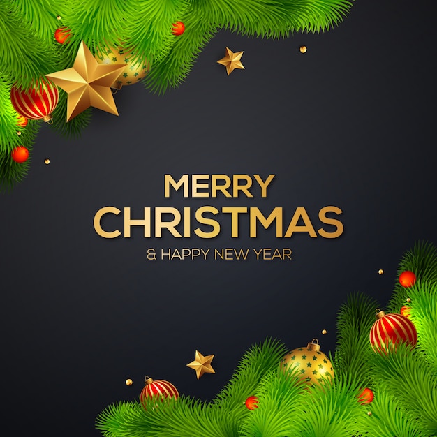 Creative Happy new year and merry Christmas tree and golden star decoration template