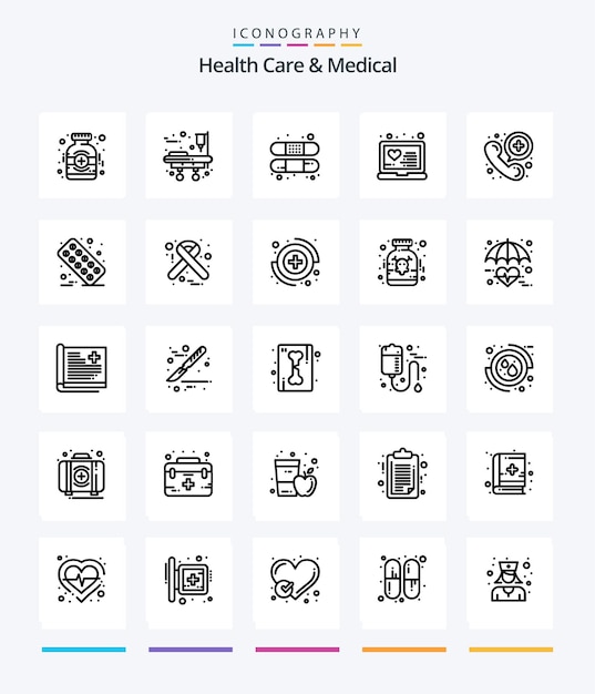 Creative health care and medical 25 outline icon pack such as medical call band treatment medical