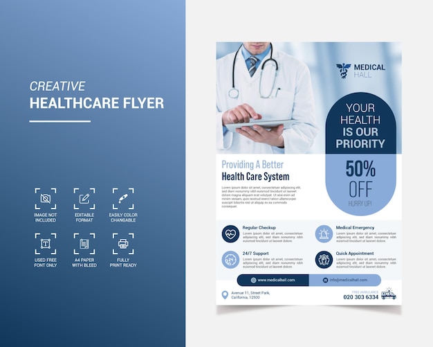 Creative healthcare flyer design template for hospital or doctors