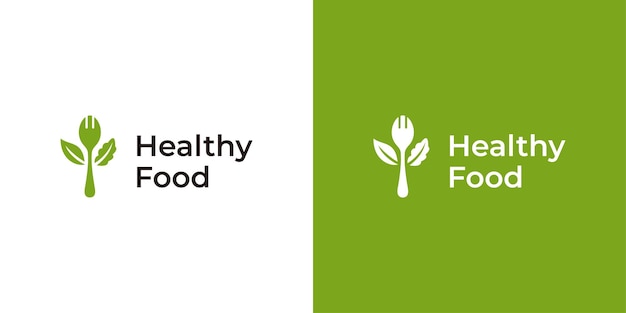 Creative Healthy Food Logo Spoon Fork Eco Vegetarian Fresh Food Green Salad Logo Design Template