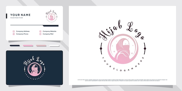 Logo musulmano creativo della donna hijab con un concetto unico e un design di biglietti da visita vettore premium