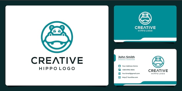 Creative hippo logo with monoline style and business card