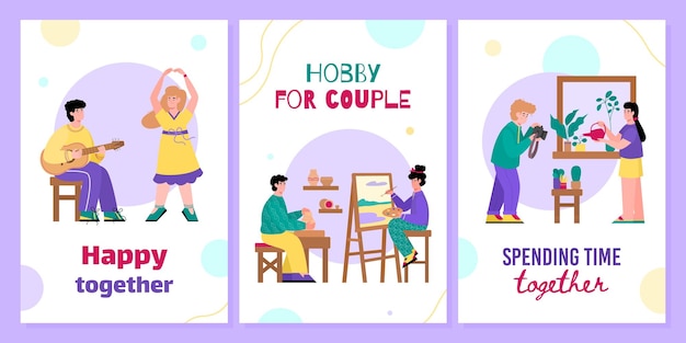 Creative hobby for couple cartoon poster set with people on date