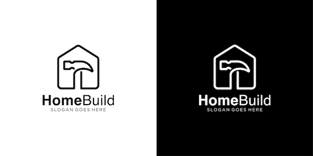 Home build logo creativo strumento per la costruzione di case con martello e casa con stile di contorno lineare