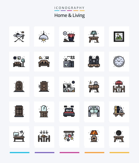 Creative home and living 25 line filled icon pack come l'immagine dell'interno della casa che vive l'immagine